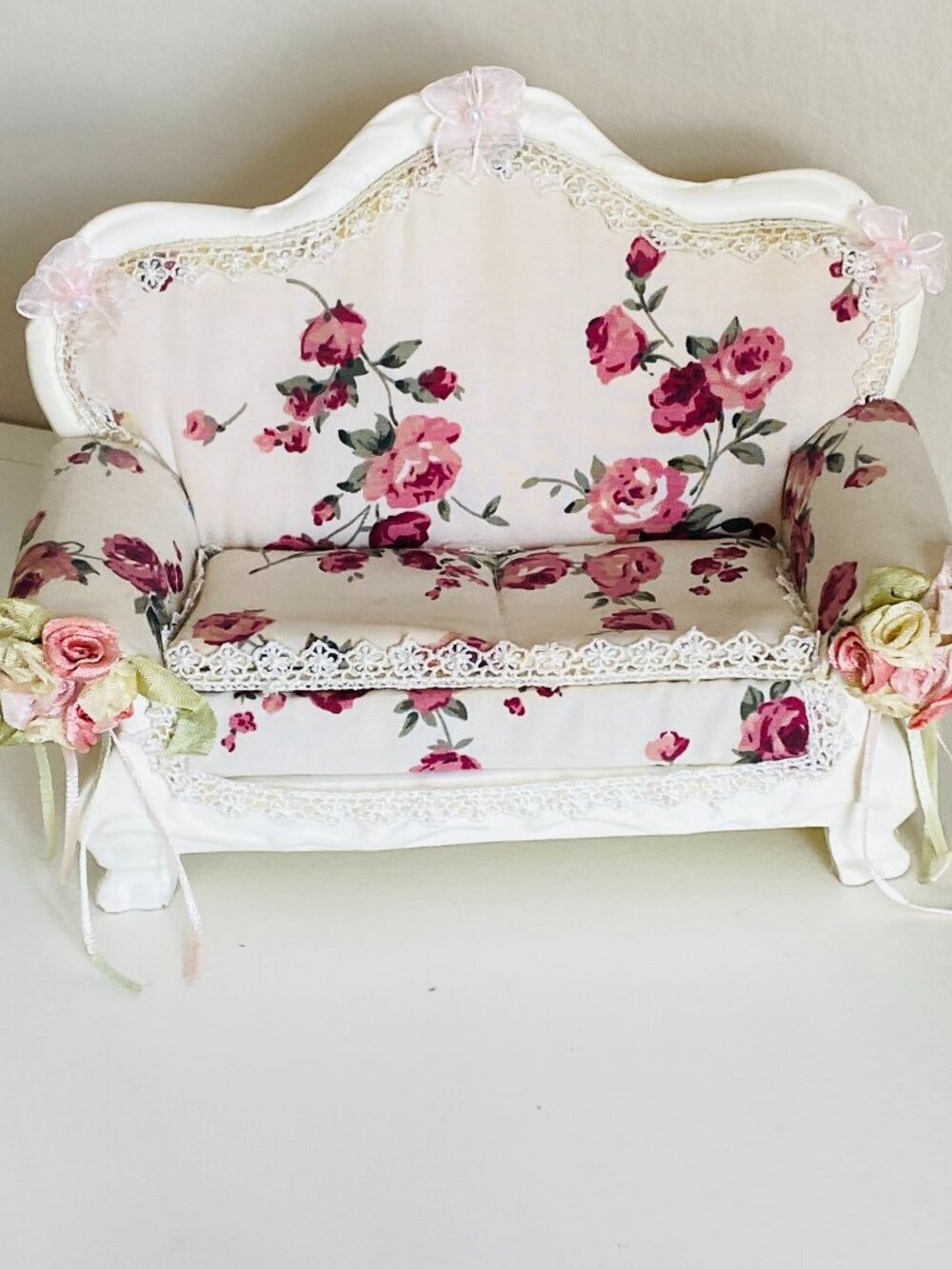 Vintage Shabby Chic Floral Miniature Victorian Settee Sofa Doll Jewelry Box OOA